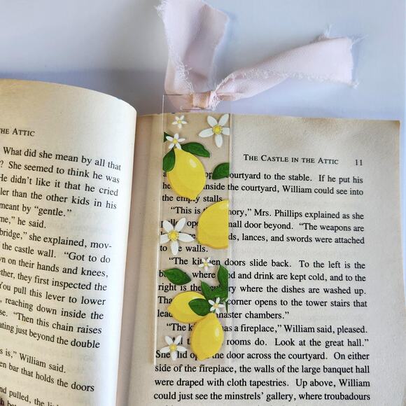 Lemon Fruit Print Bookmark Pink Yellow Cutesy Coquette Bookish Gift For Her - Picture 1 of 9